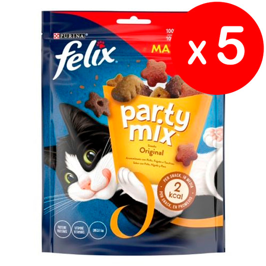 Purina Felix Party Mix Original, Snack, friandise pour Chat au Poulet, Foie et Dinde, Maxi Pack 5 sachets de 200g